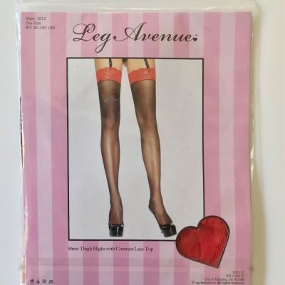 NEW! LEG AVENUE SHEER BLACK THIGH HIGH CONTRAST RED LACE TOPS one size